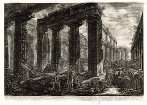 Vergelijk de eerste staat van deze voorstelling met het uitzicht op de tempel vanuit een iets hogere positie, met andere figuren en een leeg tekstband, alleen rechtsonder gesigneerd. Ficacci, L. Giovanni Battista Piranesi. Het complete werk